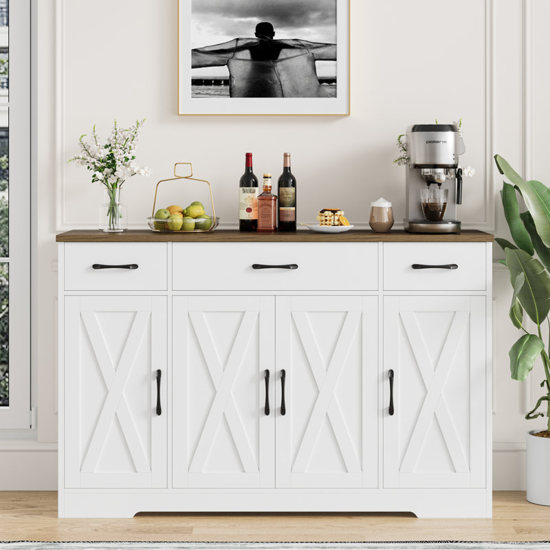 Adra 55.1'' Sideboard with 3 Drawers, Adjustable Shelves, Walnut/White