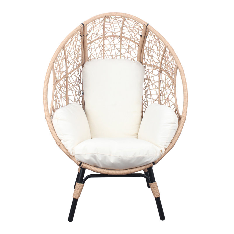 Chaise de patio en osier PE, modèle 3 avec coussin en rotin de couleur naturelle beige, Naturel / Blanc