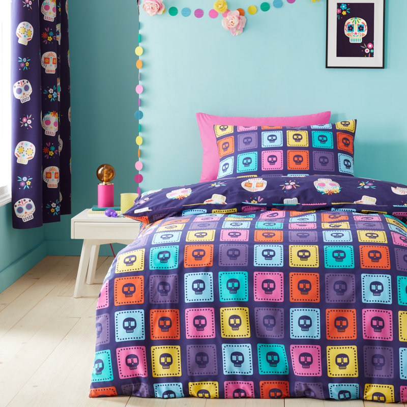 Sugar Skull Fiesta Reversible Duvet Cover Set, Single Duvet Cover + 1 Standard Pillowcase