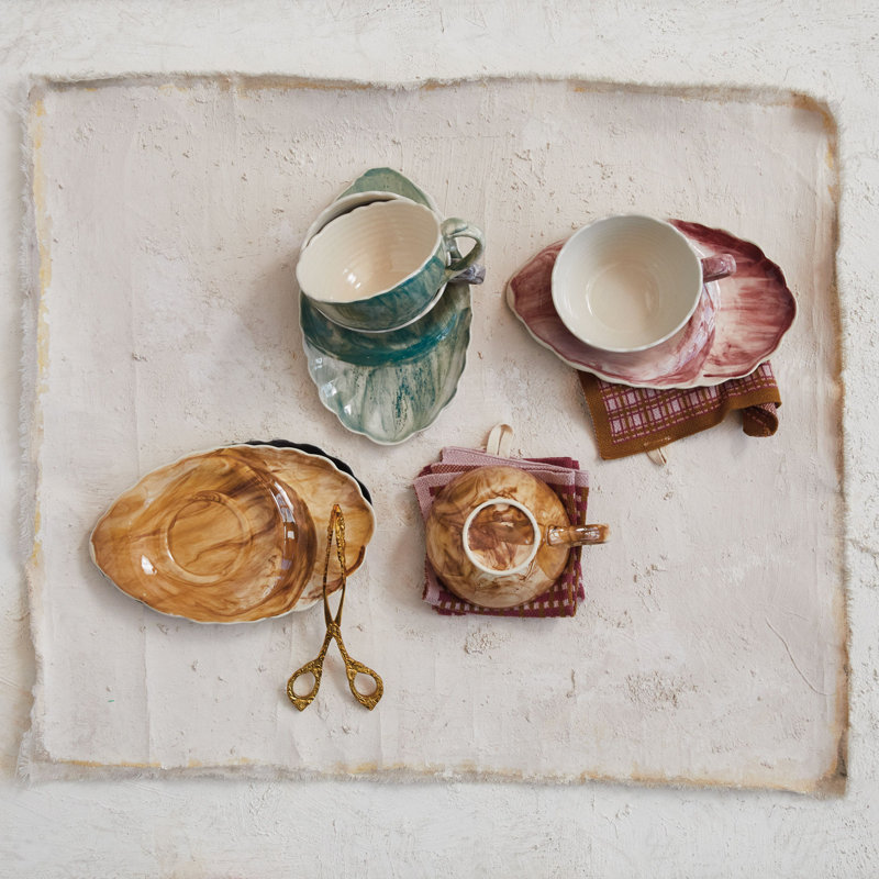 Multicolore, ensemble de 4 tasses à thé en grès avec soucoupe et quatre styles
