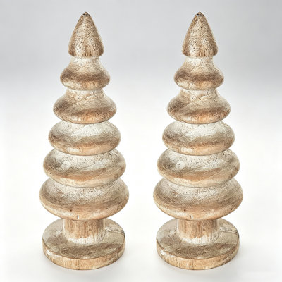 Lot de 2 figurines de sapin de Noël en bois de manguier vieilli, de style rustique et minimaliste, pour décorer une étagère, un foyer ou un bureau.