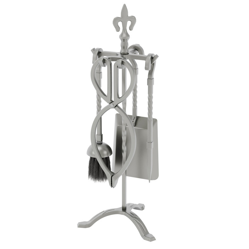 Vida Fleur-de-Lys Steel Fireplace Tool Set, Pewter