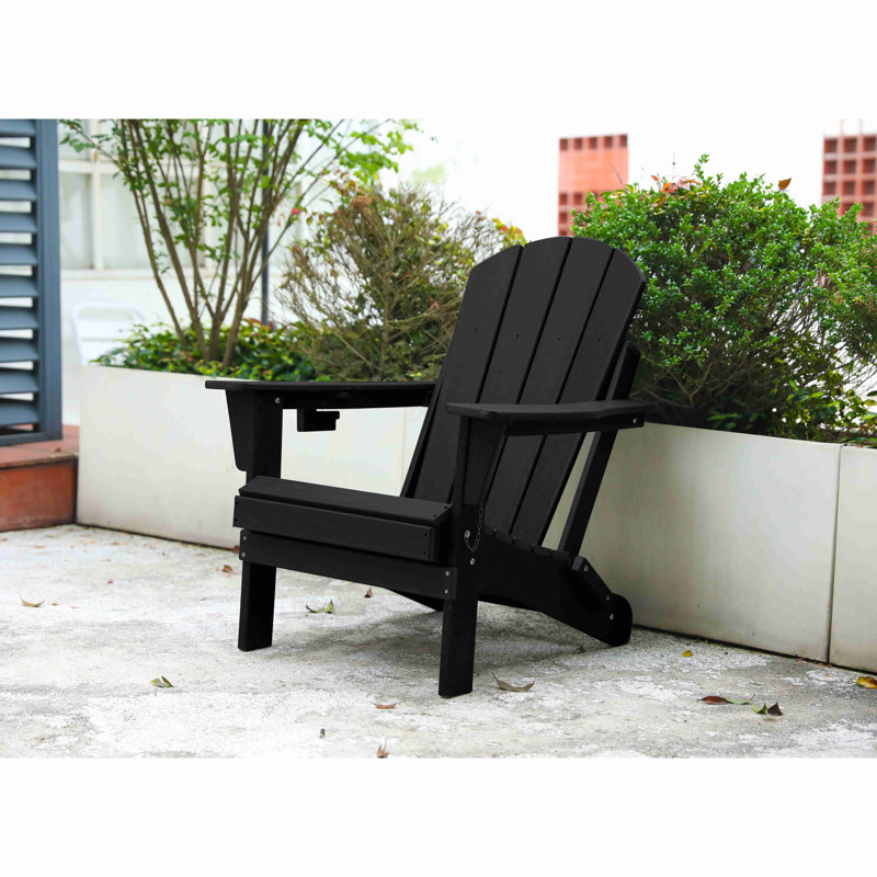 HDPE Folding Adirondack Chair With Dual Cup Holder - Composite Adirondack Chair With Wood Texture, Black