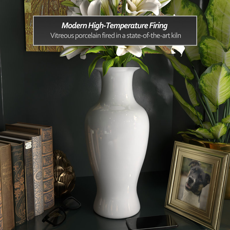24" Blue And White Floral Porcelain Fishtail Vase, White, 18" H x 8.25" W x 8.25" D