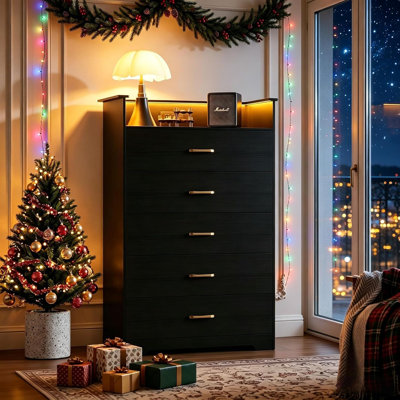 5 Drawer Dresser for Bedroom - 51” Tall Vertical Chest of Drawers with LED Light and Charging Station, Modern Organizer Cabinet with Open Shelf for Living Room, Entryway, Hallway