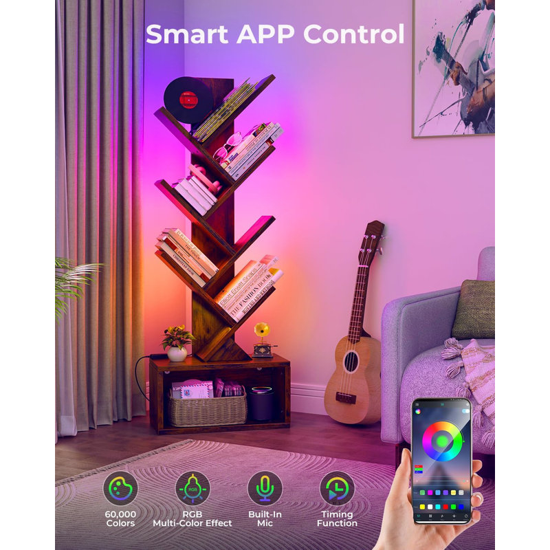 6 Tier Tree Bookshelf With Lights, Led Book Tree Bookshelf With Storage Organizer, Small Corner Bookcase Floor Standing Book Shelf For Living Room, Bedroom & Home Office