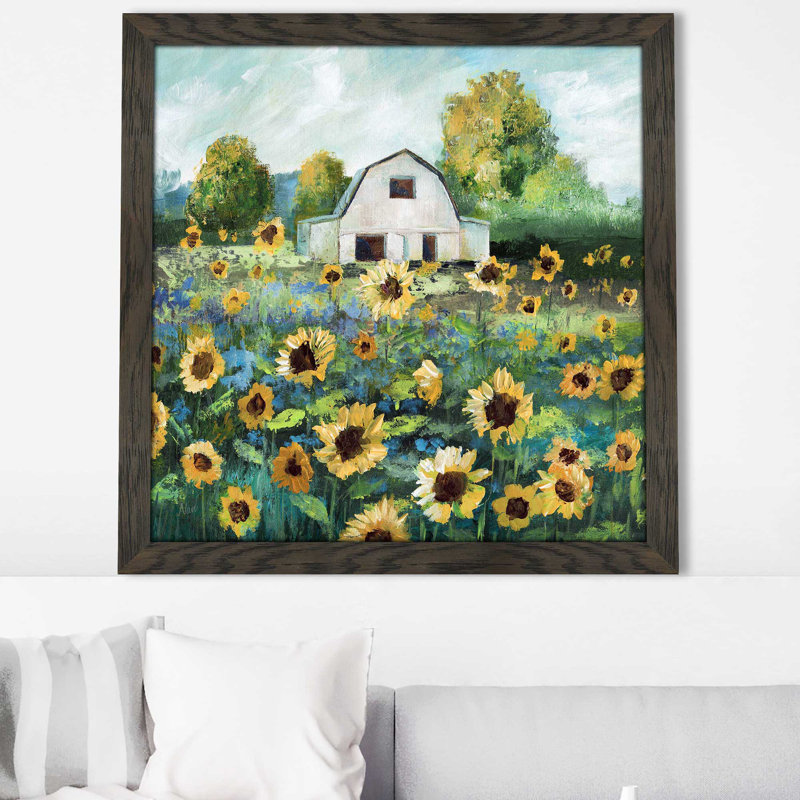 Tournesol grange par Nan - peinture, Cadre chocolat patiné, H 37,5 po x l 37,5 po x P 1 po
