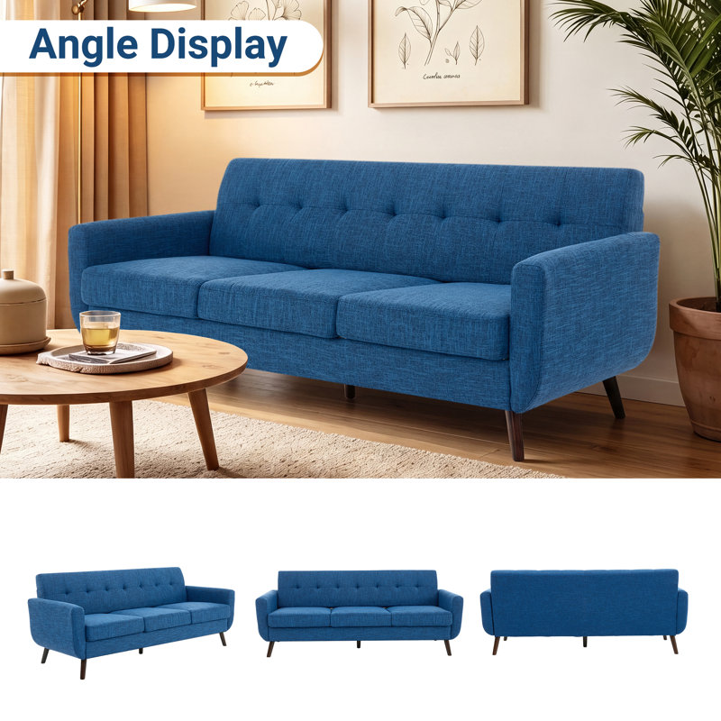 Delanie Cattaleya 78" Mid Century Modern Square Arms Linen Upholstered Sofa, Blue