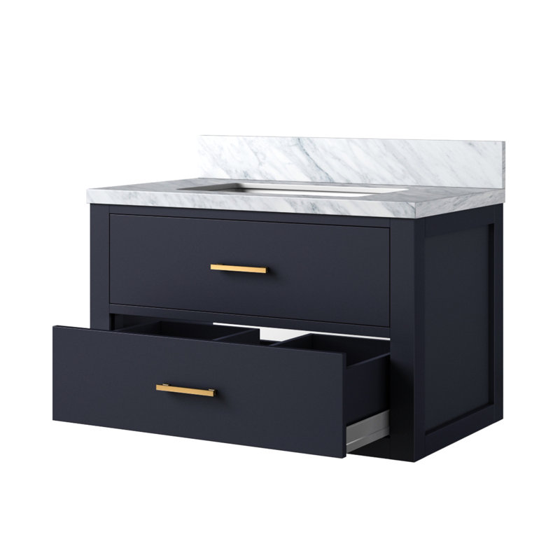 Meuble-lavabo simple bleu l 30 po x P 22 po avec magnifique comptoir en marbre et bois massif 30 po 22 Vue de la salle de bain