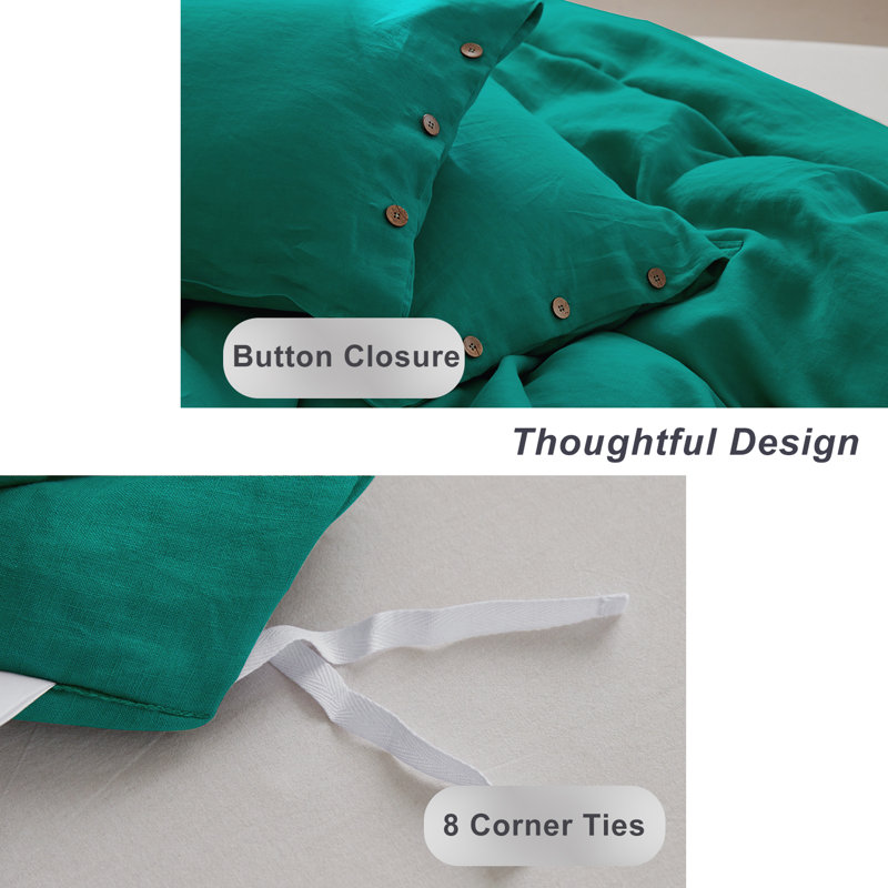 TOSMO 100% Linen Duvet Cover Set with Button Closure,Soft Breathable Durable Farmhouse Bedding, Teal