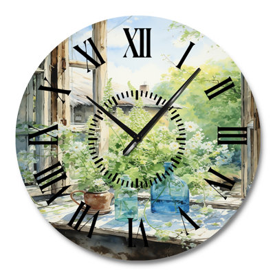 Green And Blue Countryside Window Charm I - Farmhouse Windows  Black Face Wall Clock