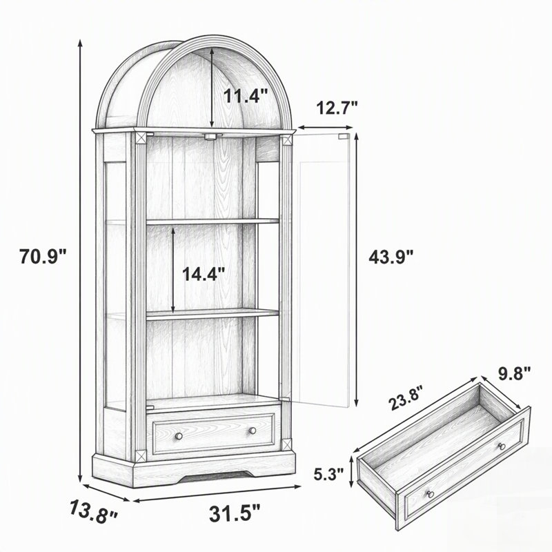 Vitrine cintrée de style ferme moderne avec éclairage DEL et tiroirs pour des besoins de rangement polyvalents à la maison