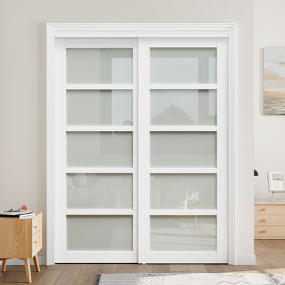 60" x 80" Height Primed 5-Lite Frosted Glass Panels Sliding Closet Door with Installation Hardware Kit