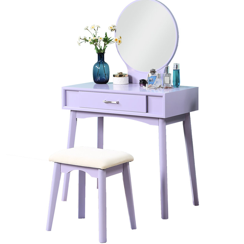 Wood Vanity And Stool In Purple - Stylish With Tapered Legs, 52.8"H Vanity, 17.52"H Stool, Metal Drawer Pull For Easy Access Modern Dressing Table Solid Rubberwood Construction, 15.75"D Top, 16.76"W
