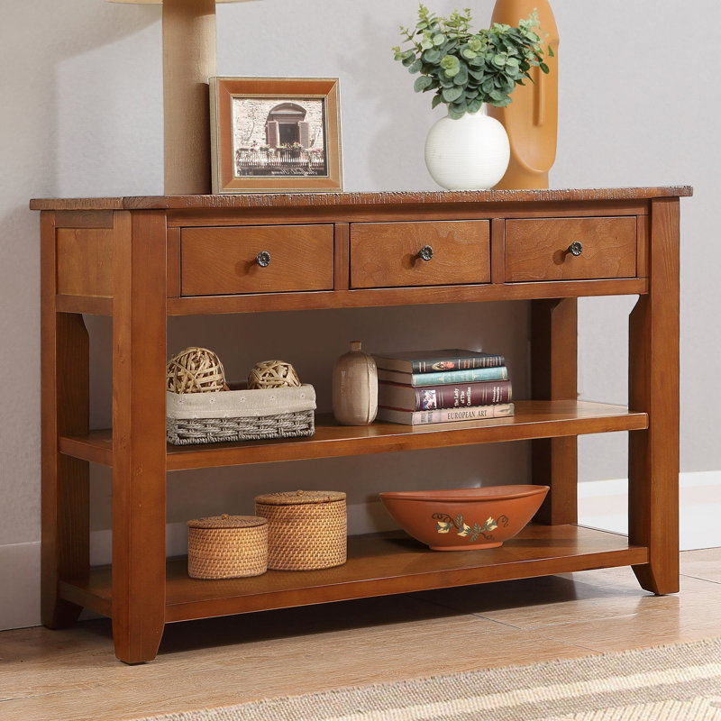 Console 48,27 po en pin, 3 tiroirs, 2 tablettes, style américain, pieds robustes, espace multifonctionnel, poignées rétro en métal brun pour vestibule, haute résistance,