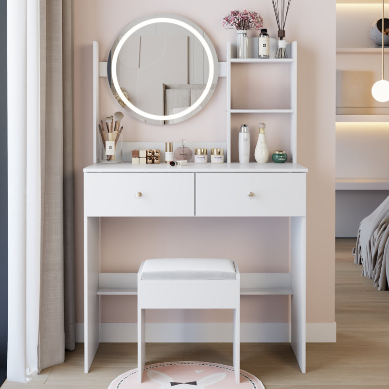 17 Inch Round LED Mirror Vanity Set With Soft Stool, 3-Color Dimmable Touch Light, Spacious Tabletop & Multi-Layer Storage, Ideal For Small Spaces