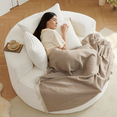 Oversized Round Chair Lounge Chaise Indoor, Upholstered Corduroy Deep Seat Cloud Large Circle Sofa Chair, No Assembly Required, Fluffy Modern Sleeper Sofa Bed for Reading, Living Room, Bedroom, Black