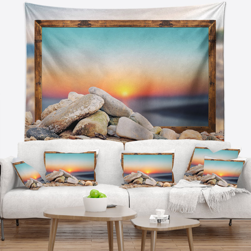 Tapisserie de plage à effet encadré flou mer, H 32 po x l 39 po