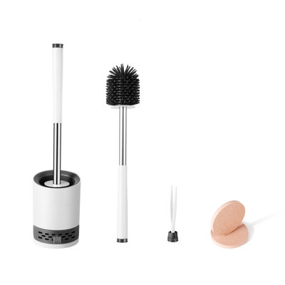 Toilet Brush With Drainage Holder Set,Flex Silicone Anti-Clog Anti-Drip Brush Head, White/Grey Colour With Stainless Steel Handle, 2-Pack With Diatomite Drying Pad