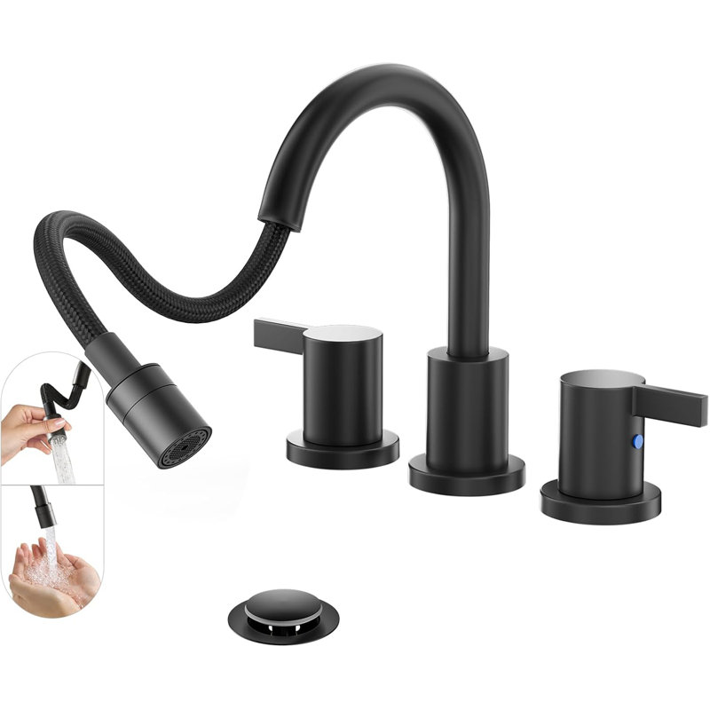 Pull Out Sprayer Matte Black 8 Inch Bathroom Sink Faucet, Widespread 2 Handles 3 Hole Pull Down Bathroom Faucet, With Pop Up Drain And Water Supply Line