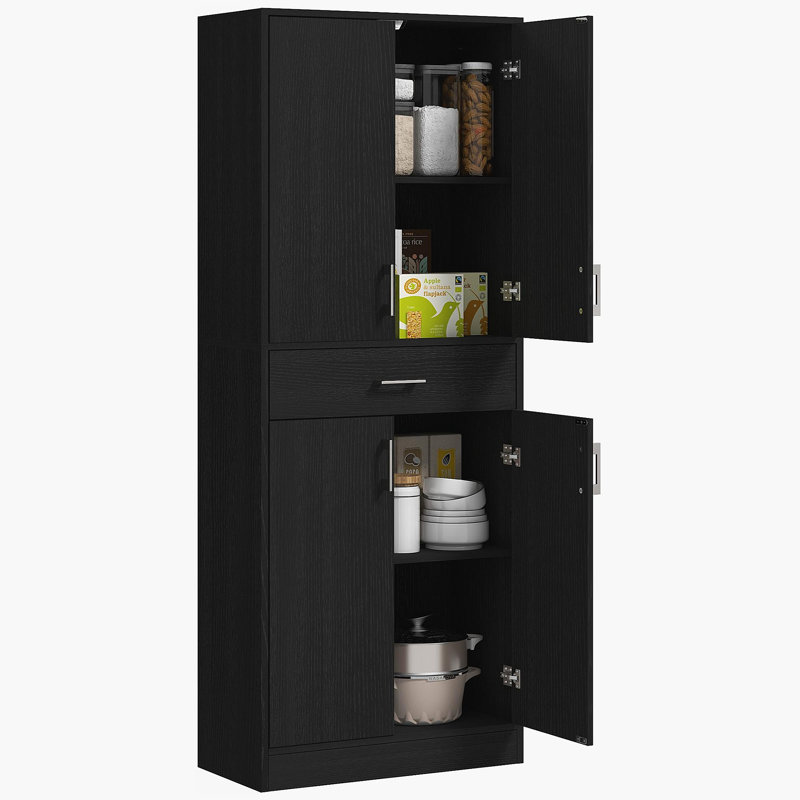 71" Kitchen Pantry Cabinet With Drawer And Adjustable Shelf, Freestanding Tall Storage Cabinet With 2 Double Door Cupboards, Distressed Black