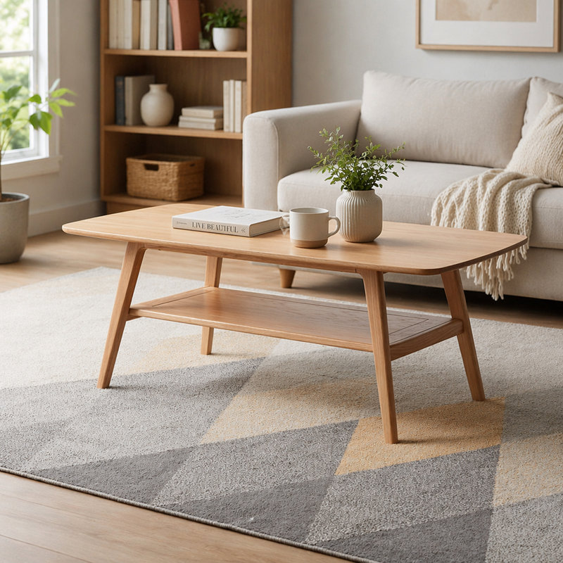 Table basse avec plateau central 100% bois massif, 17.32" H x 47.25" W x 22.05" D, Oak