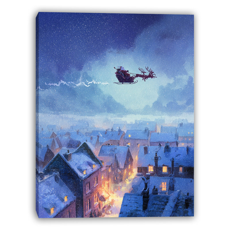 «Santa Over Snowy Rooftops», art mural sur toile, H 48 po x l 36 po