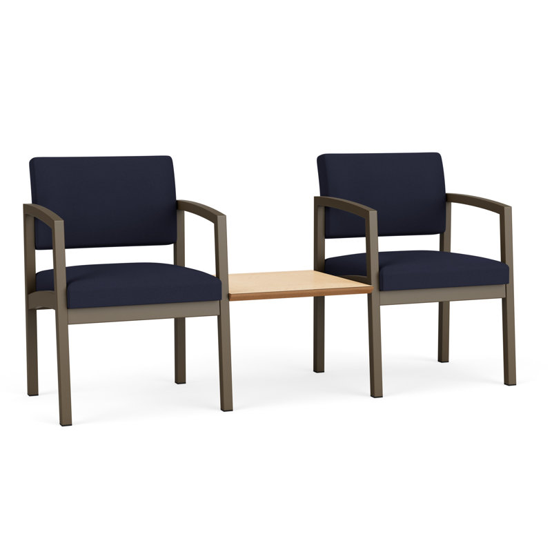 Structure tandem 2 places avec table centrale en acier Lenox, Bleu marine Visite Libre - Tissu uni, Bronze / érable naturel