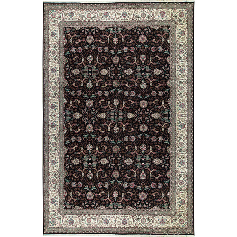 Tapis noir et ivoire de haute qualité noué à la main