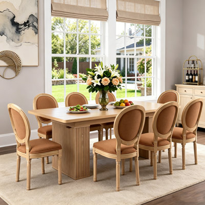 Ensemble de table de salle à manger extensible 63"-78,7" pour 8 personnes avec rangement, table de cuisine en bois brun style ferme et 8 chaises en tissu