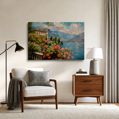 Vintage Italian Lake Villa Rose Canvas Wall Art 40*30 inch- Living Room Decor