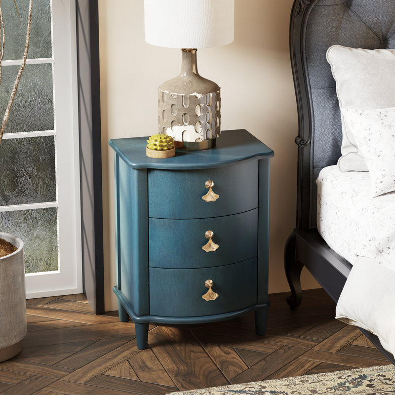 Elegant 3-Drawer Nightstand With Gold Leaf Handles, Blue