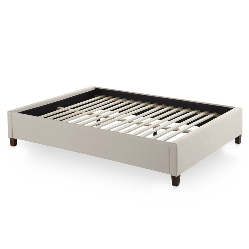 Upholstered Platform Bed Base with Wood Slats, Queen, Oatmeal, Oatmeal, Queen