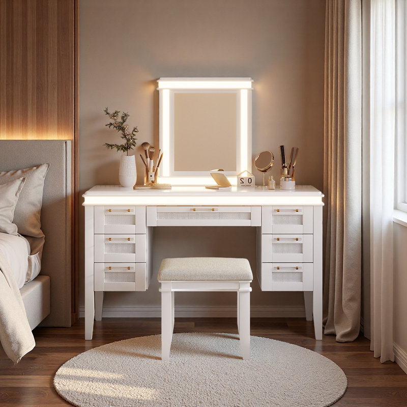 48" Vanity Desk With Mirror And Lights, Makeup Vanity With 7 Drawers And Cushioned Stool, Classic Grey Finish Dressing Table With Hollow Design Drawer For Bedroom, Rubber Wood Legs