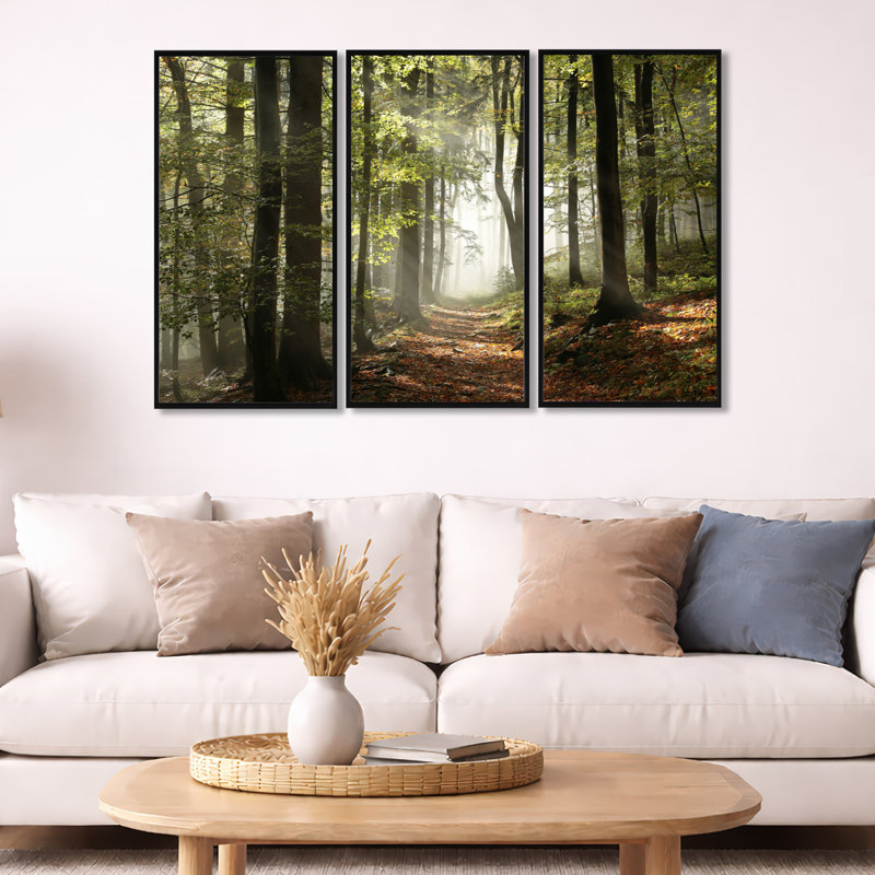 Forêt d'automne verte avec rayons de soleil - ensemble d'art mural sur toile encadré paysage, Noir, H 28 po x l 36 po