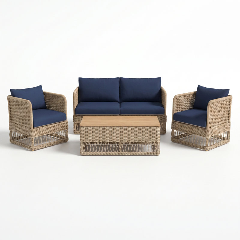 Destin Natural 4-Piece Sunbrella® Outdoor Patio Seating Set - Canvas Navy, Canvas Navy, Brown