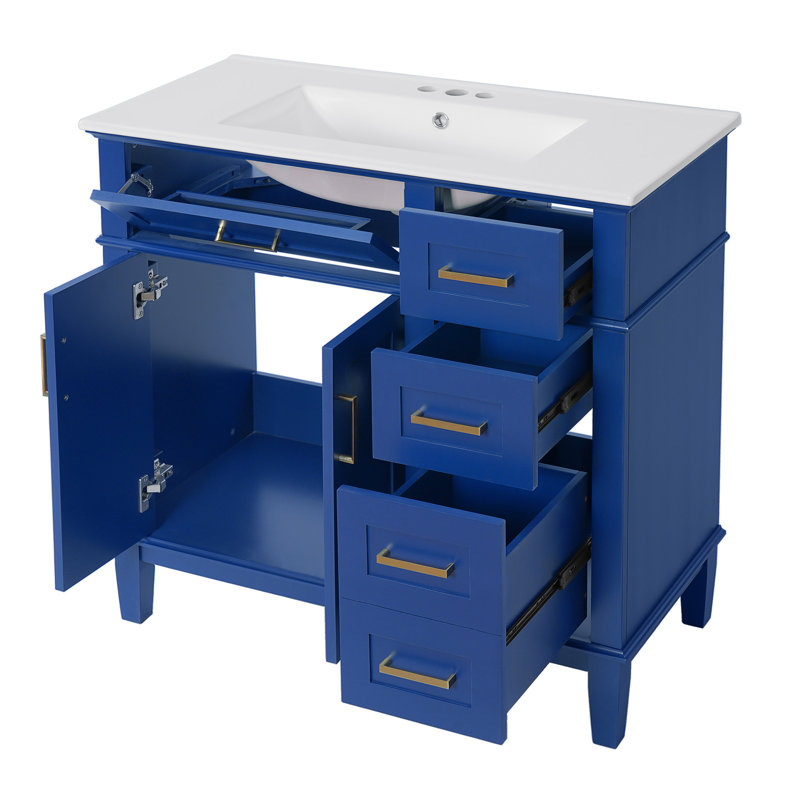 Meuble-lavabo simple 36 po avec plateau en céramique, Bleu