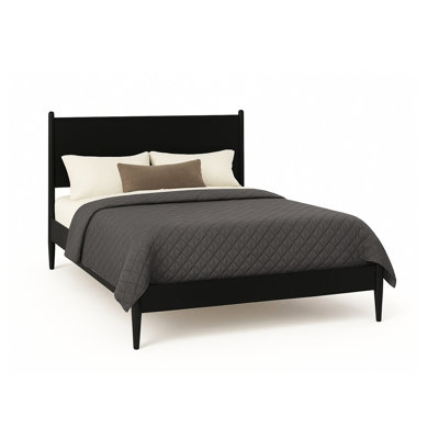 Lit plateforme moderne Mid-Century noir à finition noire, pieds ronds fuselés, bois, ensemble de lattes pour circulation d'air, structure en bois sans sommier nécessaire, ensemble, nécessaire