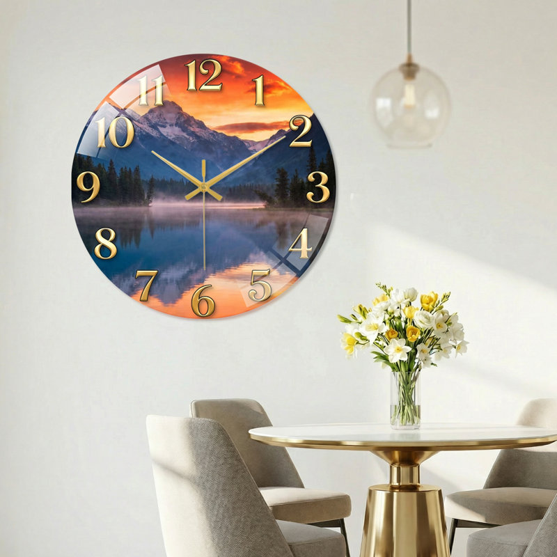 «Mountain Lake», horloge murale en verre, 40 x 40 cm (15,7 x 15,7 pouces)