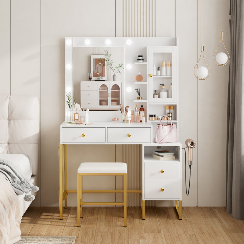  Meuble-lavabo, bureau de coiffeuse avec lumière DEL, grand miroir et station de charge Shaune