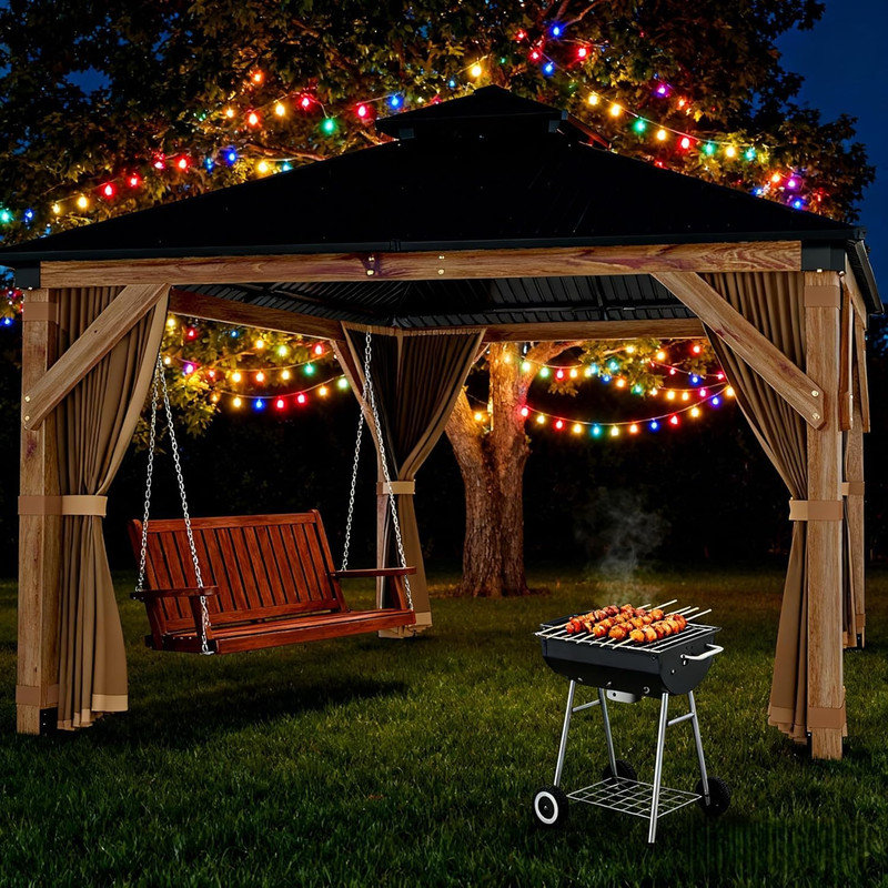 Pergola en bois avec toit en épinette, toit en acier double, filet et rideaux pour patio, jardin, terrasse