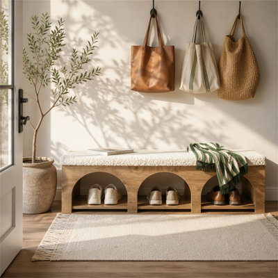 Banc de 63 po pour salle d'entrée rembourré, banc à chaussures à 2 niveaux avec coussin et tablette
