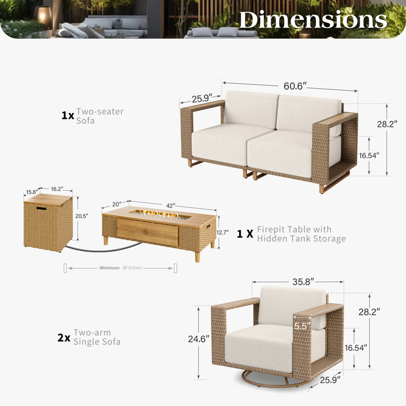 Ensemble de conversation d'extérieur en osier pour 4 personnes avec chaises pivotantes et table de foyer
