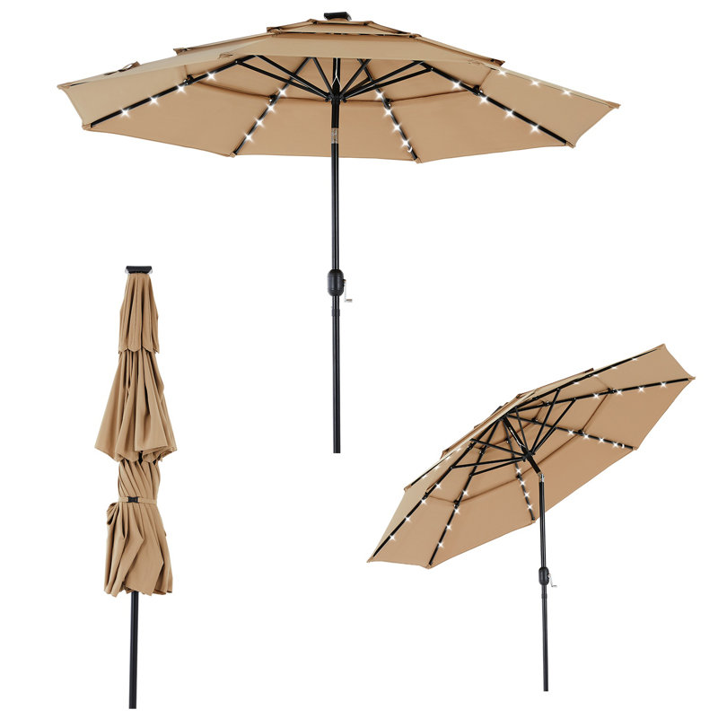 Parasol solaire de patio à 3 niveaux 10 pi avec 32 lumières DEL, parasol d'extérieur avec bouton poussoir inclinable et manivelle