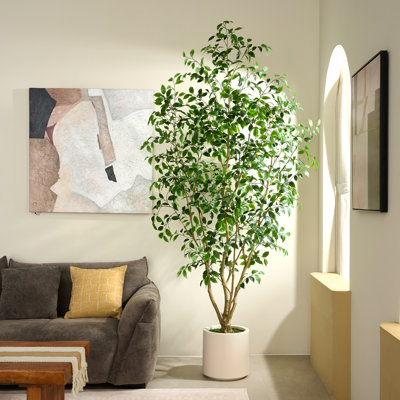 Ficus artificiel de 8 pi, plante artificielle à plusieurs tiges dans un grand pot à fleurs blanc - Arbre luxuriant pour le salon moderne, le bureau et la grande entrée