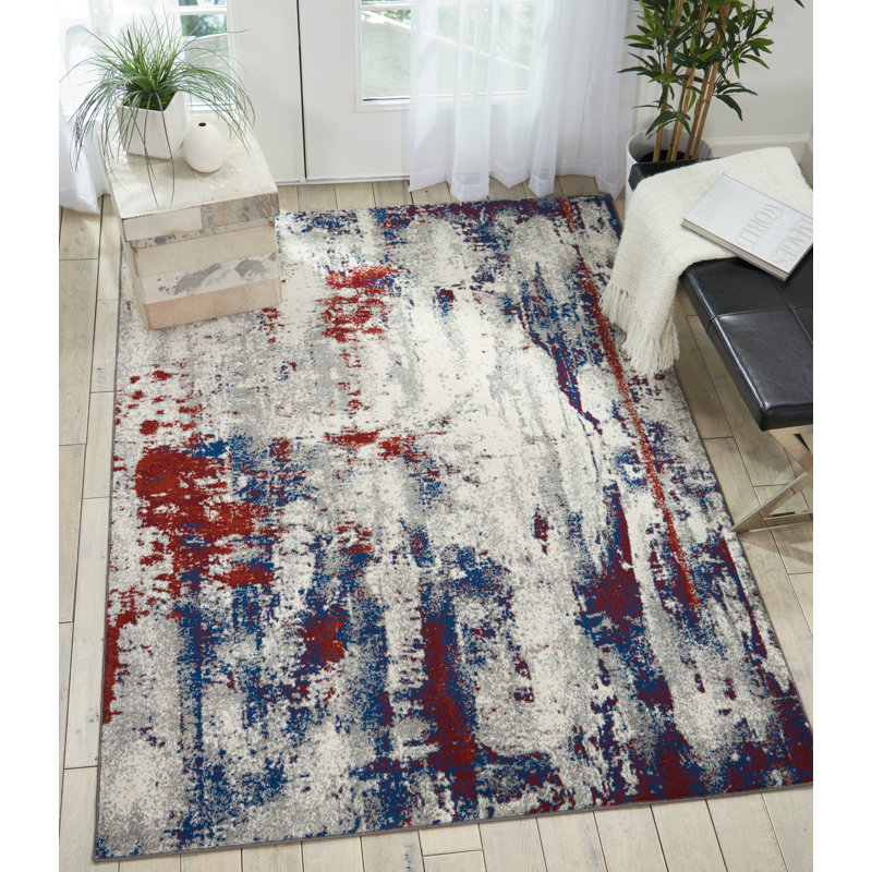 Heffernan Abstract Ivory/Blue/Red Rug, Rectangle 5'3" x 7'3"