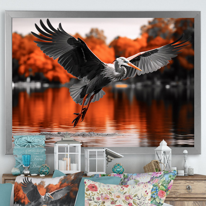 Décoration murale orange orange héron gracieux en automne IV - animaux, H 16 po x l 32 po x P 1 po, Cadre photo argenté