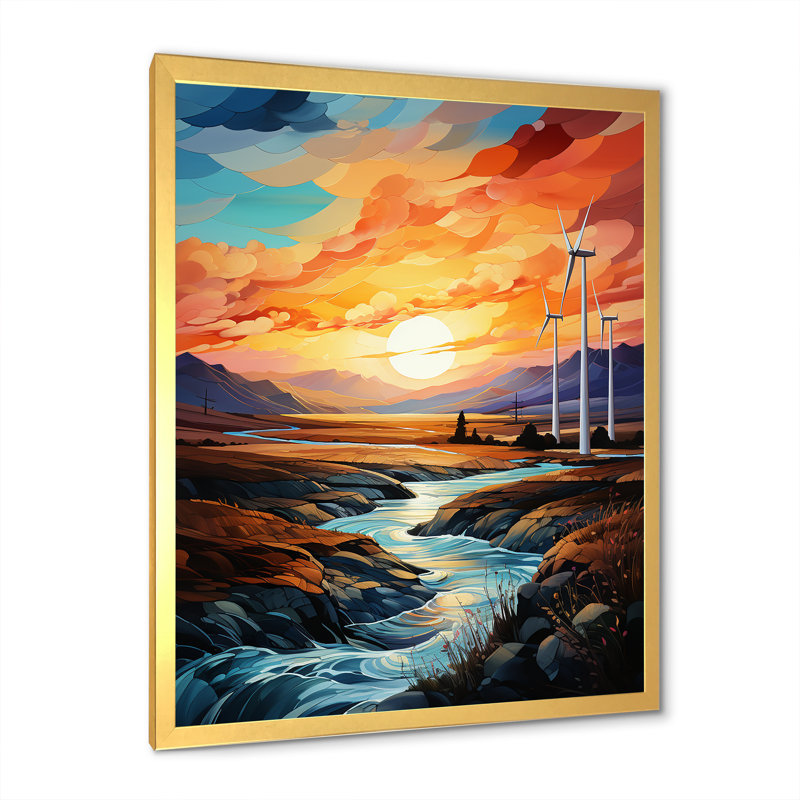 Wind Turbines Sunrise Valley I sur toile, Cadre doré simple, H 20 po x l 12 po x P 1 po