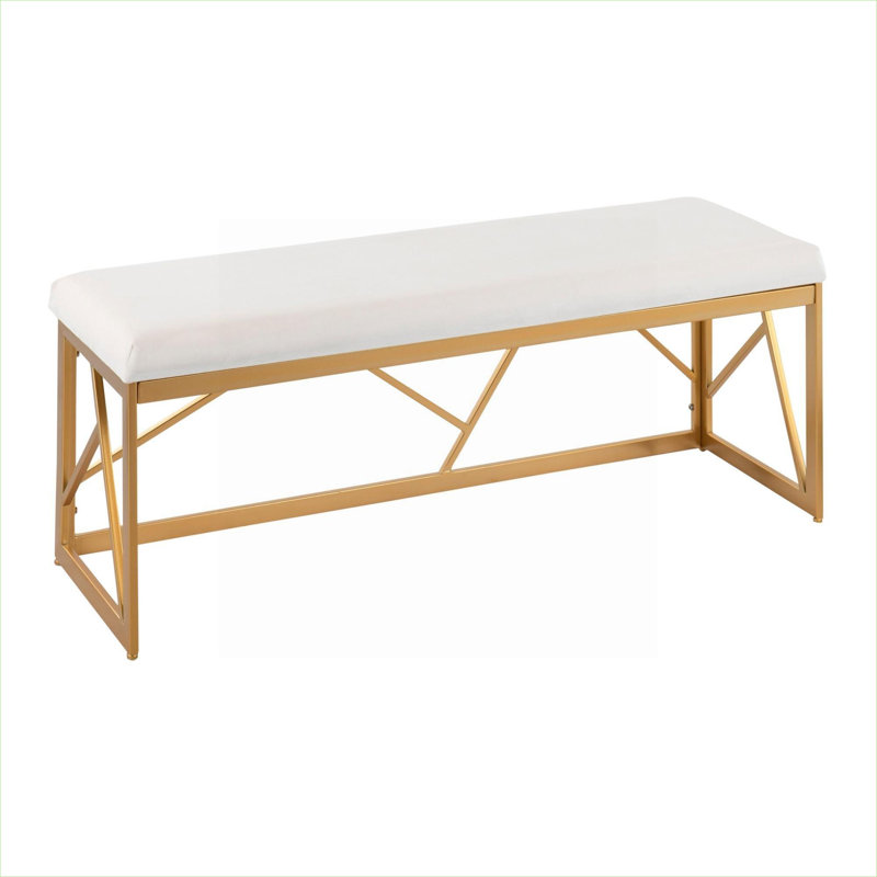 Entryway Indoor Bench, 2-Seater White-Toned Velvet Upholstered Bench with Geometric Gold Metal Frame