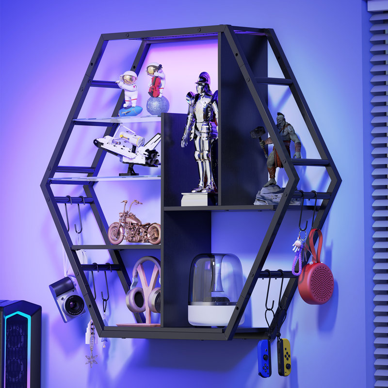 Gaming Floating Shelves, 34" LED Wall Mounted Shelf with Adjustable Glass Shelf, Pipe Shelves Hanging Display Rack Bookshelf with 8 S-Hook, Gaming Room Decor Wine Coffee Bar